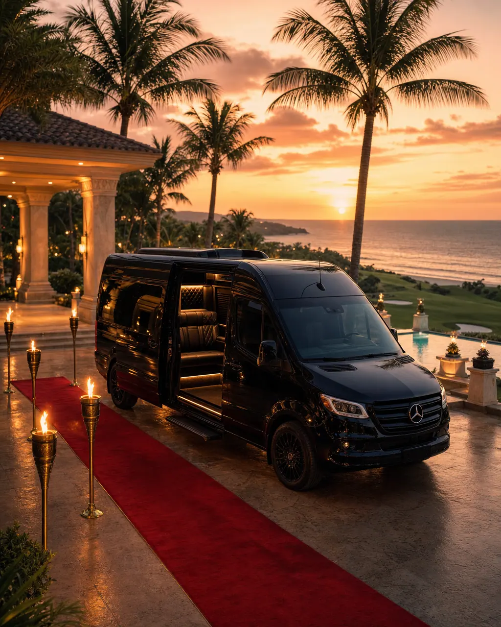 Blacked-out Mercedes Sprinter at a private resort arrival court