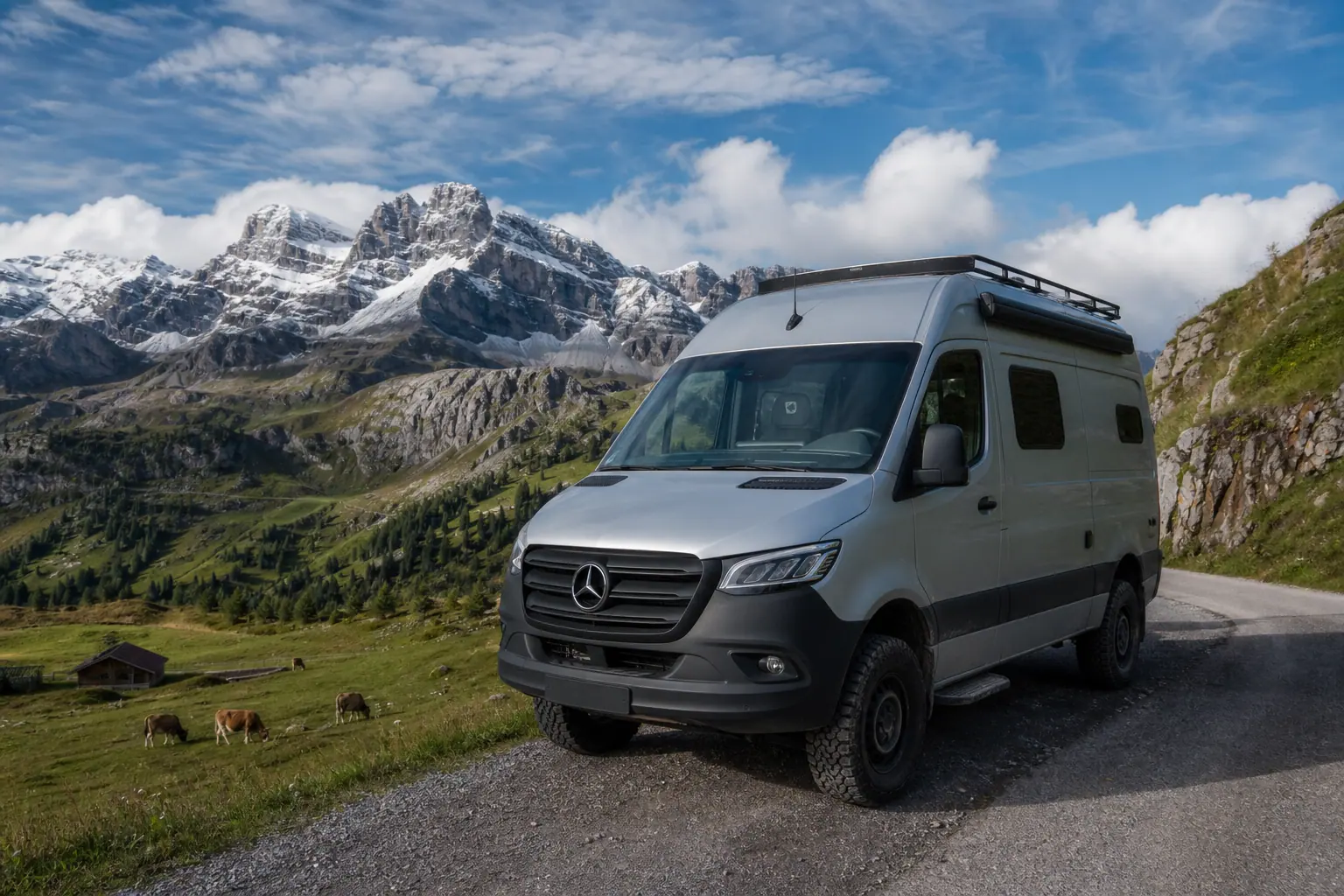 A Mercedes-Benz Sprinter on a high alpine pass at first light