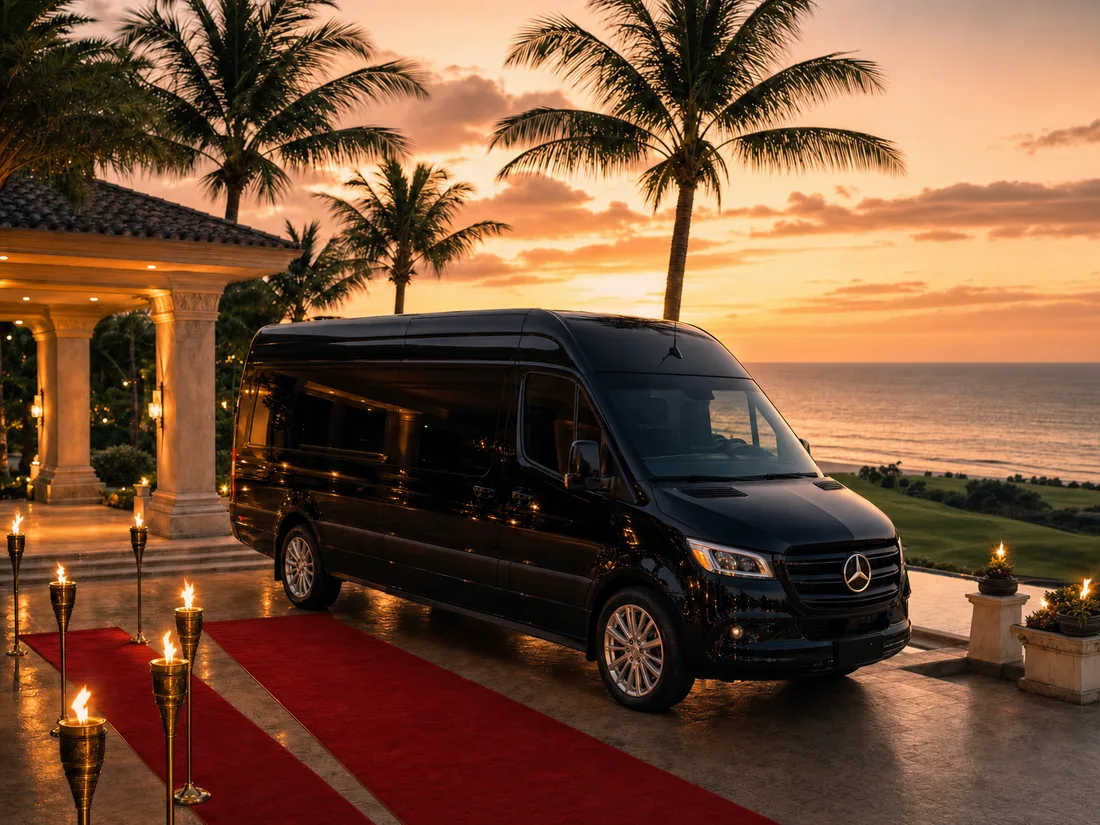 The 15-passenger Sprinter waiting on a red carpet at a resort entrance, torches lining the carpet at sunset
