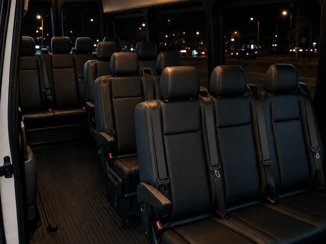 The 15-passenger cabin at night through the open sliding door — three-across black leather benches, city lights beyond the tinted glass