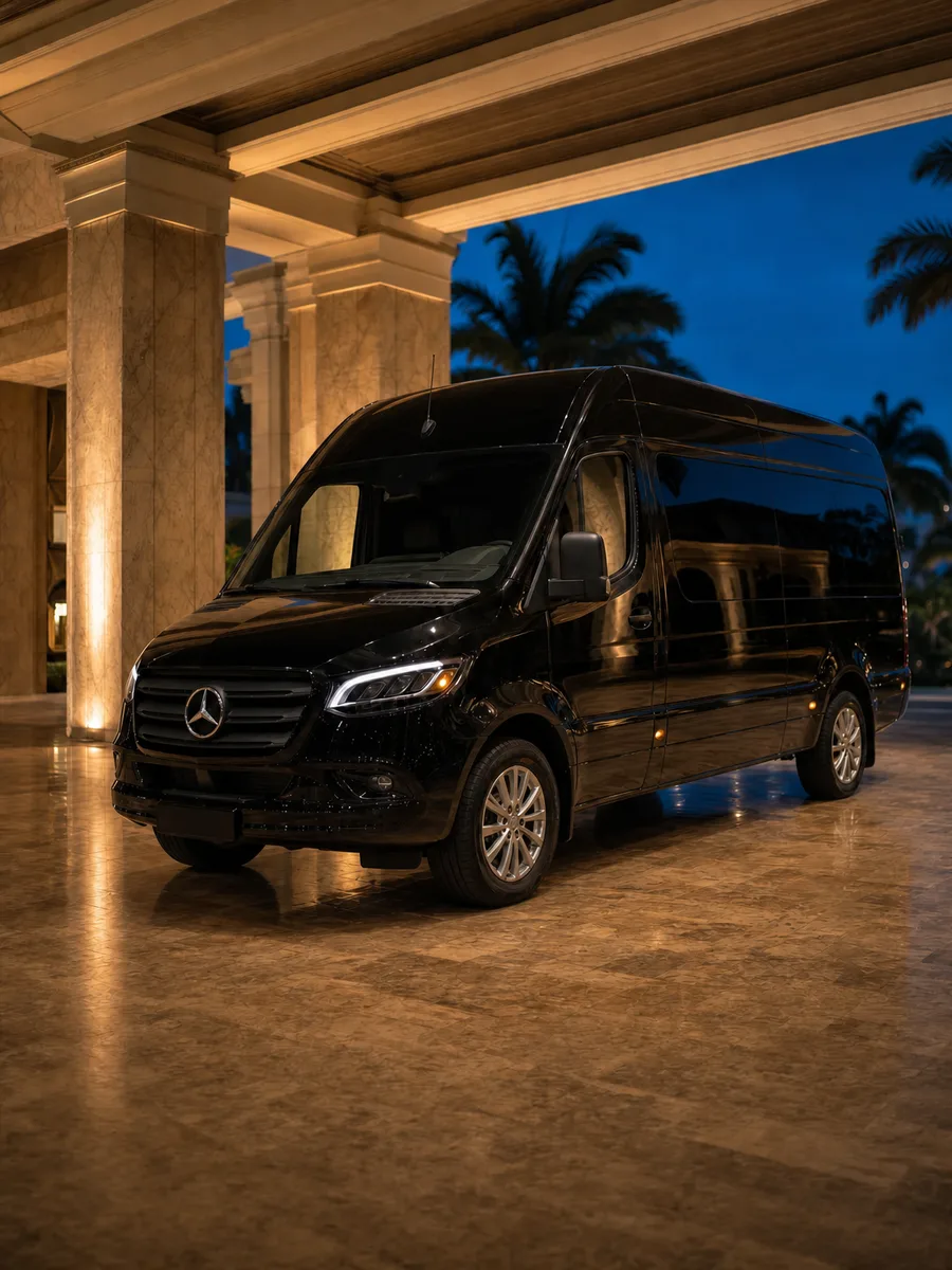 The Founder's Signature — a blacked-out 15-passenger Mercedes-Benz Sprinter on Mercedes alloy wheels, front three-quarter under a lit portico