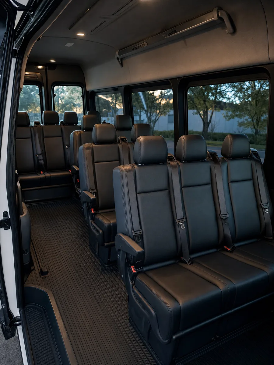 Rows of quilted black leather three-across benches beside tinted privacy glass inside the 15-passenger Sprinter